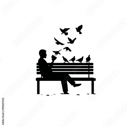 A person sitting on a bench feeding birds in a serene outdoor setting vector illustration