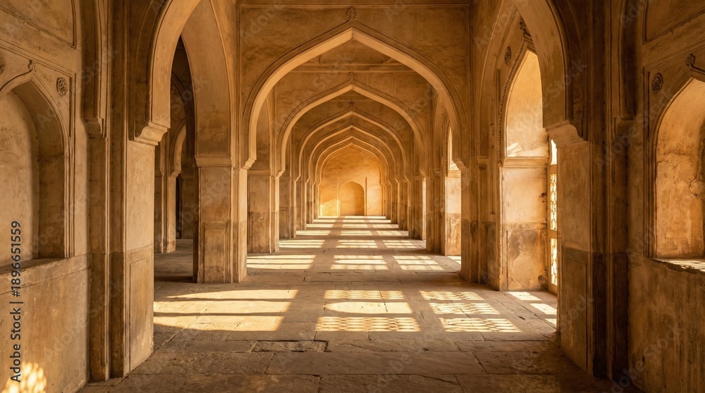 Obraz premium Cinematic Corridor of Repeating Islamic Arches with Leading Lines and Geometric Shadow Rhythm