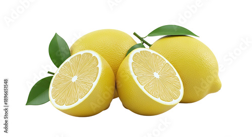 Whole and Halved Lemons with Green Leaves