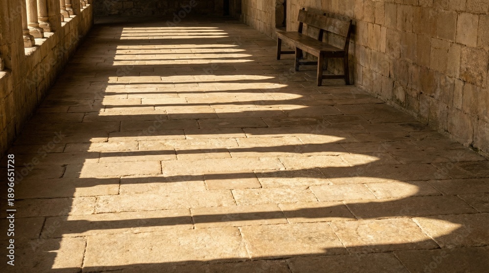 Obraz premium Repeating Arch Shadows on a Blank Stone Floor in Warm Afternoon Light