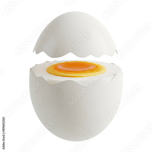 Realistic Rendered Cracked Egg with Liquid Orange Yolk on White Background Minimalist Studio