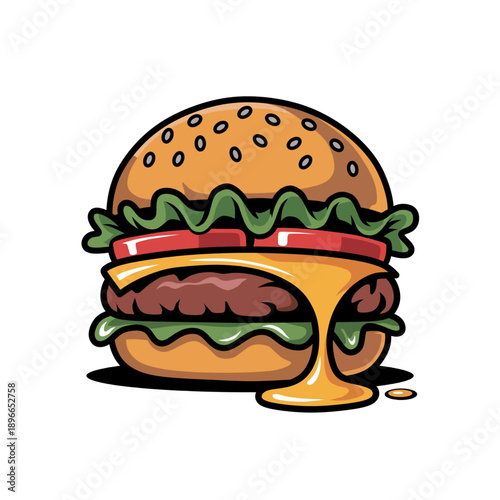 Classic Beef Burger Cartoon with Melted Cheese and Fresh Vegetables