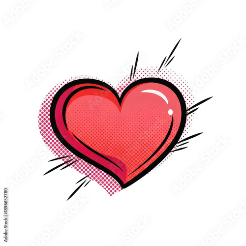 Red Heart with Halftone Pattern and Light Rays on Pink Background