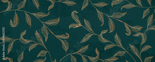 Natural art background featuring golden leaves with line elements on a branch against a green or blue background. A botanical banner for decor, prints, textiles, posters, wallpaper, packaging
