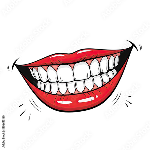 Red Lips Smiling Wide Showing Pearly White Teeth Cartoon Style