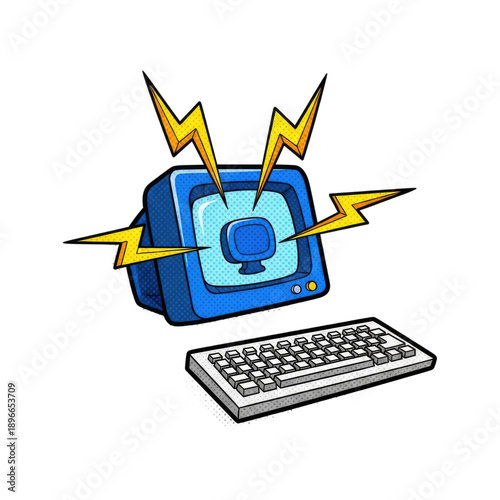 Retro Computer Monitor with Keyboard Emitting Electricity on Blurred Background