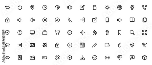 Basic UI icon set. Minimal linear vector icons pack. Includes symbols for arrow, power button, pin, time, communication, volume, phone, lock, email, download and more. Editable stroke.