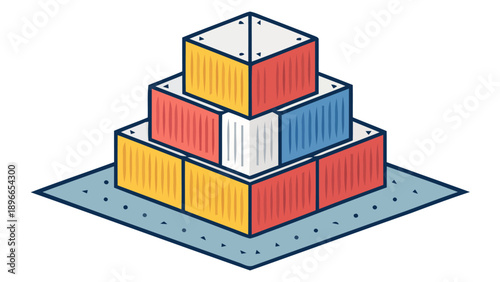 Vibrant shipping container pyramid stacked high with colorful blocks