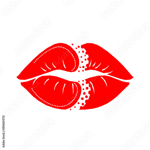 Red lips vector illustration with abstract halftone dot pattern. Stylized female mouth kiss mark isolated on white. Modern pop art beauty logo symbol for makeup artist or fashion brand.