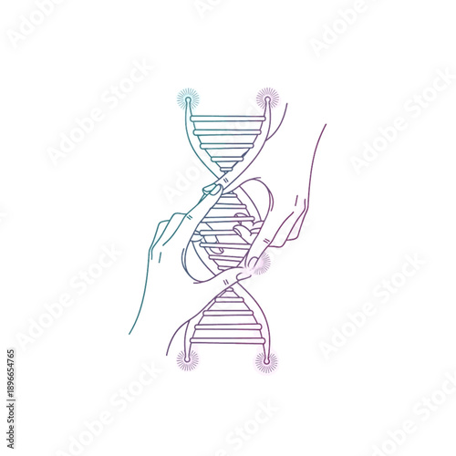 Human Hands Interacting with DNA Double Helix Molecule Structure, Genetic Engineering, Biotechnology Innovation, Medical Science Research and Biohacking Concept Line Art Vector Illustration
