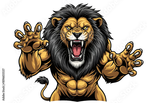 Fierce Roaring Lion Illustration with Sharp Claws – Powerful Wildlife Vector Art
