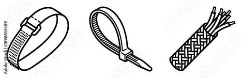 Cable management set thin line vector icon hook and loop fastener zip tie wire sleeve organizer tool.