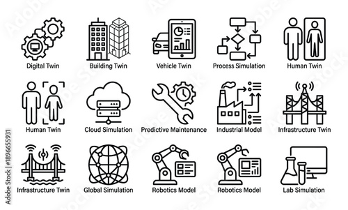 Digital twin vector icon design concept with gear wheel outline graphic symbol isolated on background.