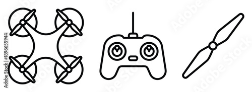 Drone and camera with radio controller and propeller in outline vector format style.
