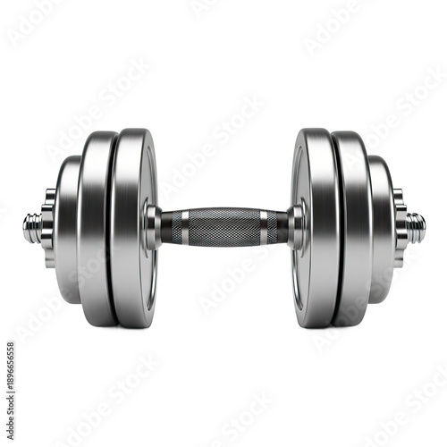 Shiny Metal Dumbbell with Weight Plates on a Reflective Surface