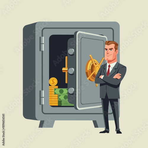Businessman guarding open safe with money and coins