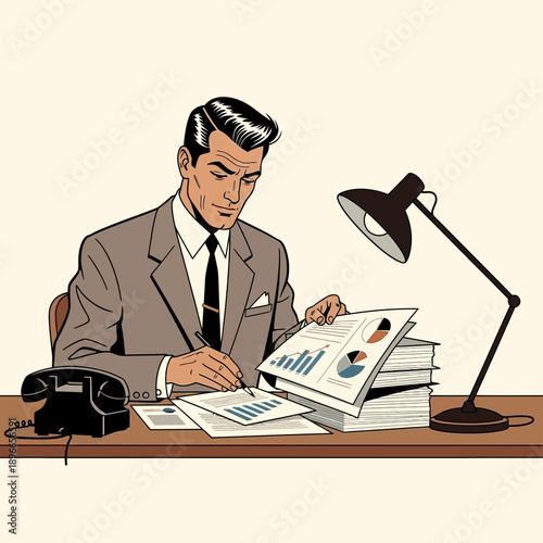 Businessman working at desk with charts and vintage phone
