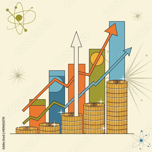Financial Growth Chart with Stacked Coins and Atomic Symbols