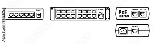 Modern network switch router and poe injector connectors ports ethernet connection and network.
