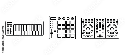 Music creating sound and playing equipment such as keyboard drum machine and midi controller.