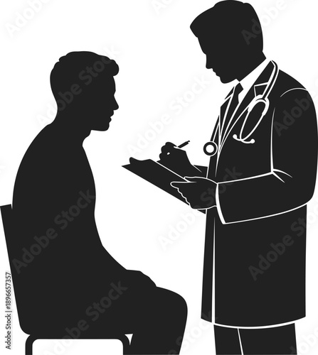 Doctor consulting patient illustration, medical checkup vector, healthcare professional with stethoscope, hospital consultation concept, diagnosis and treatment scene, clinical medicine design art