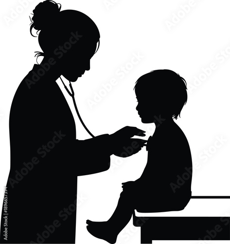 Doctor examining child with stethoscope silhouette, pediatric health care concept, medical checkup illustration, professional healthcare worker and patient vector design