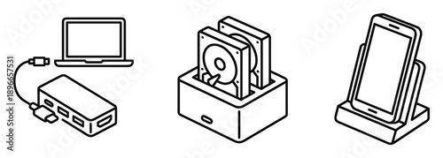 Set of outline icon about data storage like laptop hard drive and phone charger in vector.