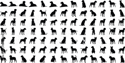 Dog silhouettes vector mega collection showing multiple breeds and poses, black canine icons for pet care, training, veterinary, branding, and animal design projects