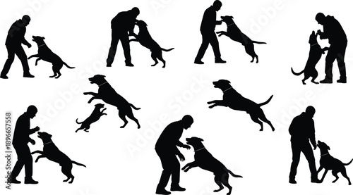 Dog training silhouettes set, black vector illustration of man interacting with dogs in obedience exercises, pet behavior practice, canine training concept
