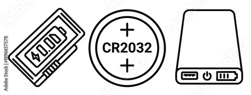 Set of outline icon about power source like battery and power bank in vector design.