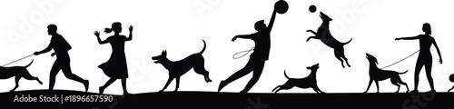 Dog walking silhouette, black vector illustration, playful pet interaction scene, outdoor activity concept, human and dog bonding, energetic motion design, companionship artwork