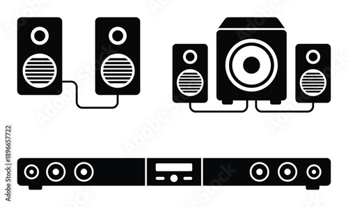 Set of sound bar with subwoofer and speaker icons vector illustration in flat style.