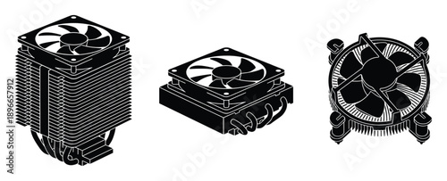 Three cpu cooler types with fan and heatsink for pc cooling systems vector illustration.