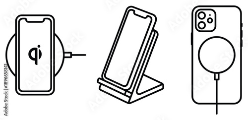 Wireless charger and smartphone vector illustration cellphone modern charging technology outline style.