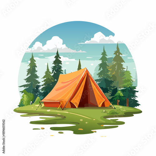 Vibrant flat design illustration of a cozy orange camping tent nestled in a serene forest clearing under a beautiful blue sky, perfect for outdoor adventure concepts and nature exploration