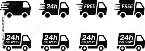 Fast delivery vector icon collection, free shipping, express courier, 24 hour service, fast van and truck symbols on clean white background.