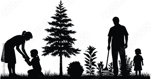 “Family gardening scene with parents and children working together among trees and plants in a detailed black silhouette vector illustration for nature themed projects”