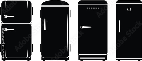 “Retro refrigerator silhouettes set displaying classic vintage fridge designs with minimalist details, clean shapes, nostalgic style, and bold black vector illustration elements, 