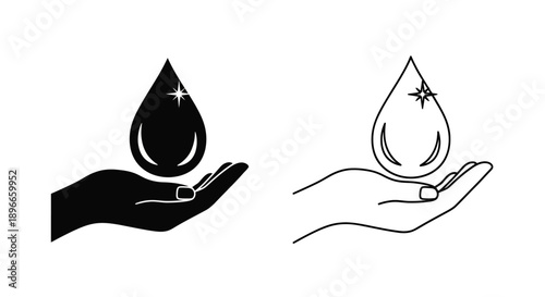 Hand holding water drop icon minimalist line art Vector