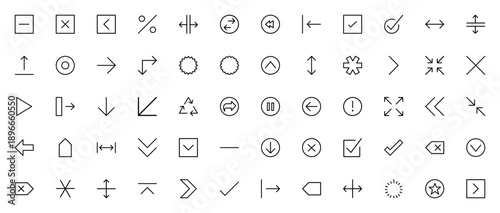 Arrows and UI icon set. Minimal vector icons pack. Includes minus, multiply, chevrons, expand, upload, delete, favorite, power and more. Editable stroke.