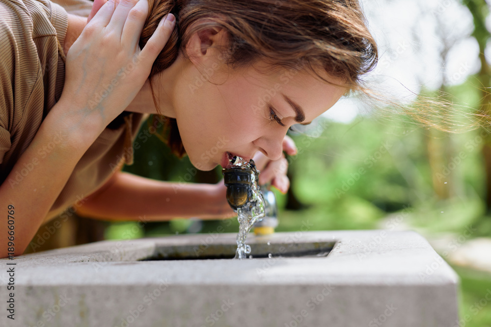Obraz premium Woman drinking water from public fountain in park, closeup portrait of young female leaning over stone basin, natural light, refreshing moment and outdoor hydration.