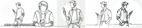 line art half body of a man standing listening to music on his cell phone