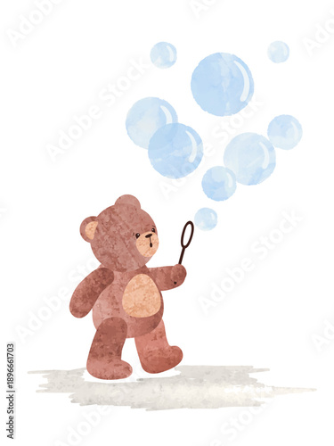 Cartoon Teddy bear blows soap bubbles. Vector watercolor illustration