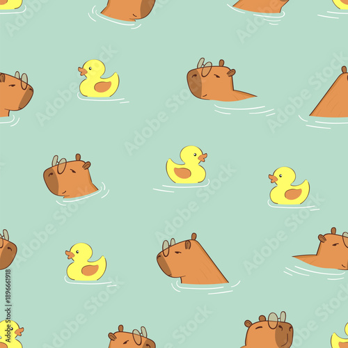 Obraz na plátně Swimming capybara and rubber duck seamless pattern