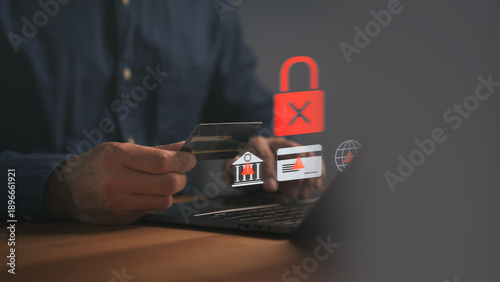 Cybercrime and credit card fraud concept on laptop. Security breach, scam, and payment protection icons for digital data safety and hacker prevention in online banking.