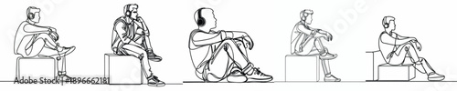 line art of a man sitting listening to music with headphones