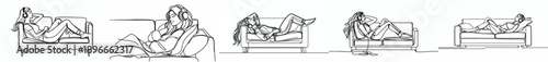 line art of a woman relaxing on sofa listening music with headphones