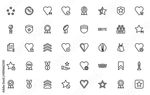 Vote reward & badges icon set. Vector badges, medals, stars, hearts, shields and awards collection. Includes election, oscar, cup, diploma and more.