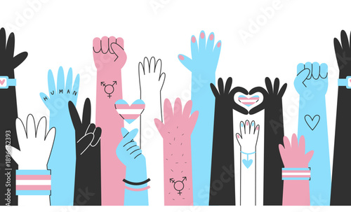 Transgender hands, awareness and visibility seamless banner. Cisgender and genderqueer hands with trans flag colors and symbols. Diversity and human rights concept.