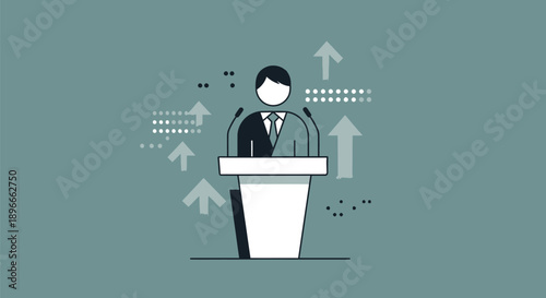Businessman Standing at Podium Giving Speech.